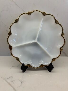 Vintage Fire King Anchor Hocking Milk Glass Divided Dish Relish Tray Gold Trim